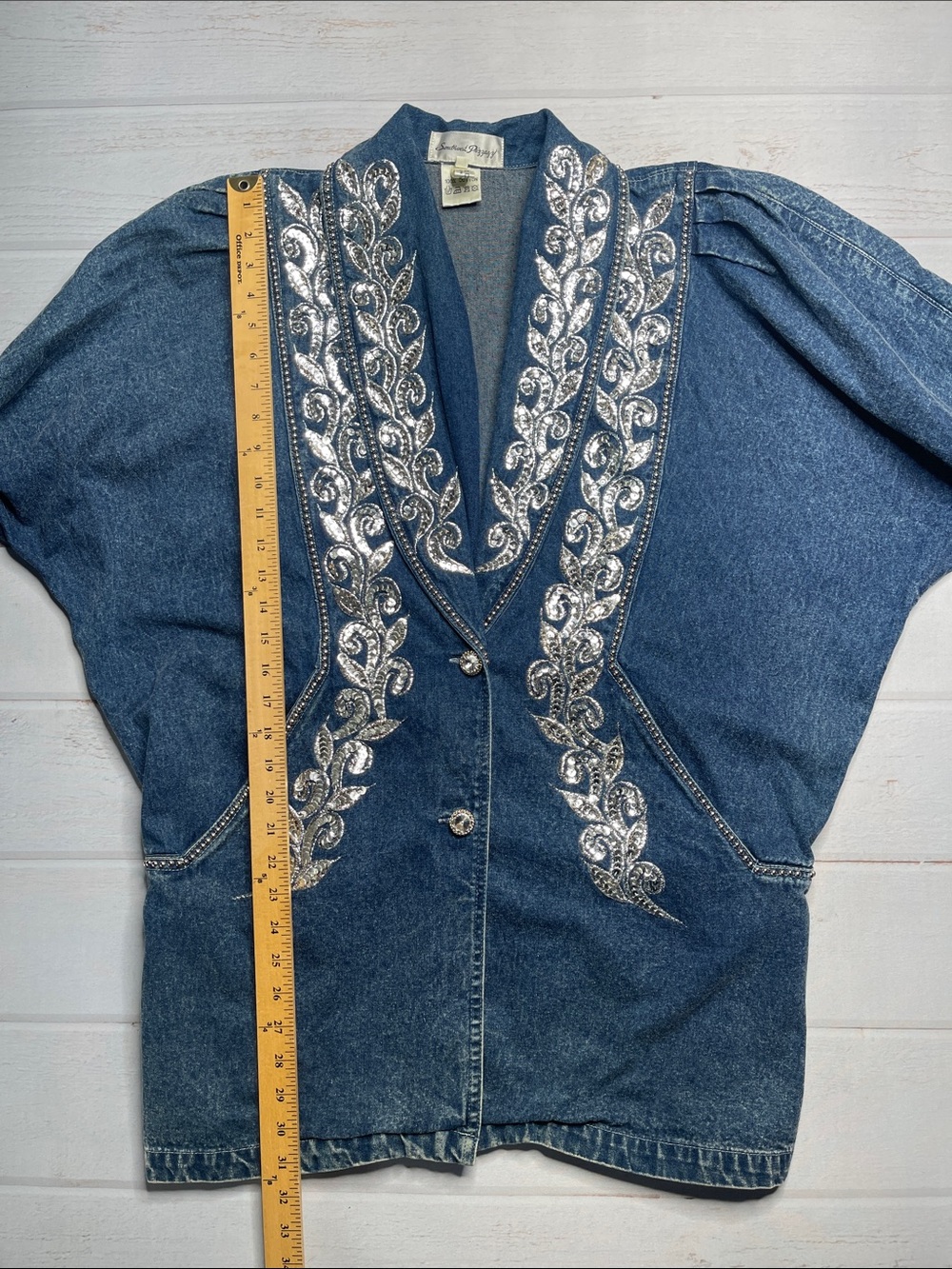 Vintage Denim Sequins Jacket 80s Large Beaded Cotton Long Length Golden Girls L - Picture 12 of 16